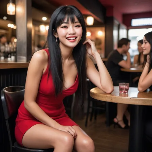 Prompt: Realistic full body image, profile image, in photo quality, of a 26 year old woman, mixed Asian and Caucasian, very long hair, straight black hair falling behind her ear, hair with bangs, Hair with two small pieces of hair falling out on the sides of the cheeks, black eyes, red blush on the face, red makeup, small nose, full lips, angelic face with blush, toothy smile, athletic body. short height, with a small red dress, high heels, in the background of a restaurant with many people in a nighttime environment. The woman is sitting on a chair to the side, fixing her shoe buckle. The woman is laughing, looking down.