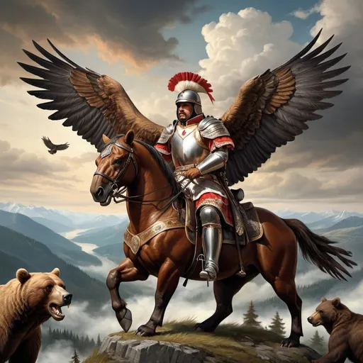 Prompt: photorealistic depiction of (Bear from Bern) and (Polish Eagle) as companions, impressive and heroic scene, showcasing their national symbols, Polish winged hussar in traditional attire, visible movement and unity among the animals, majestic landscape background with dramatic clouds, warm and vibrant color tones, high detail, emphasizing camaraderie, excellent lighting showcasing the muscles and feathers in lifelike precision, epic atmosphere.