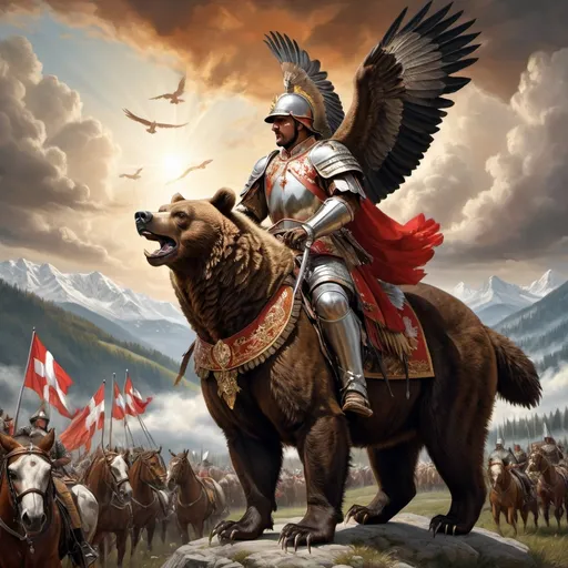 Prompt: photorealistic depiction of (Bear from Bern) and (Polish Eagle) as companions, impressive and heroic scene, showcasing their national symbols, Polish winged hussar in traditional attire, visible movement and unity among the animals, majestic landscape background with dramatic clouds, warm and vibrant color tones, high detail, emphasizing camaraderie, excellent lighting showcasing the muscles and feathers in lifelike precision, epic atmosphere.