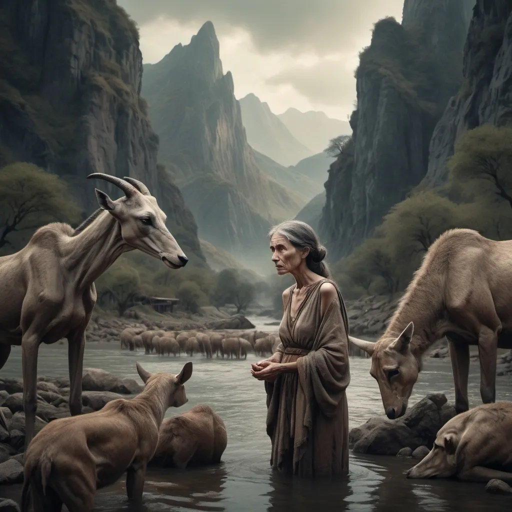 Prompt: ancient woman, no cloth, hungry, looking for food, hopeless, animal around, between two mountain, river side, 