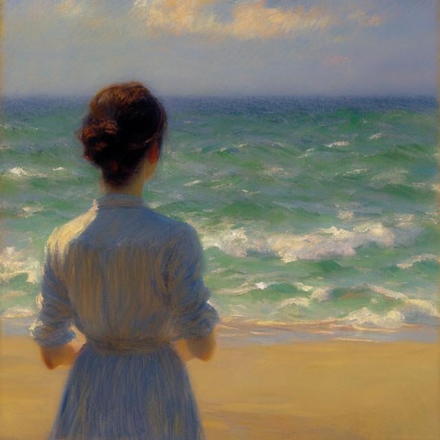 Prompt: impressionism painting, far away, a woman looking at the ocean