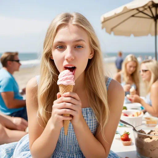 Prompt: same blonde 25 year old girl with long blonde hair, beautiful at a beach bbq in summer dress eating ice cream