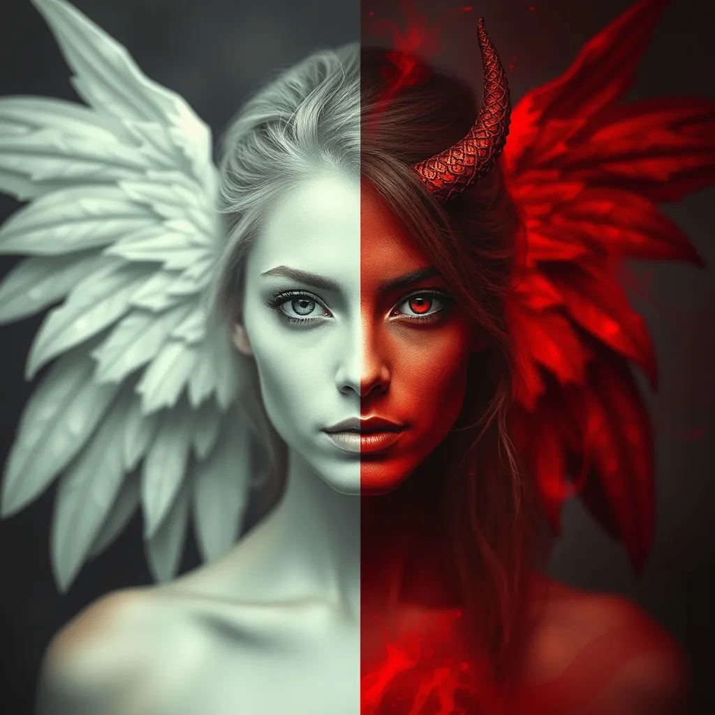 Prompt: bealtiful woman portrait, angel and demon split image, angel side is white and demon is red, high definition