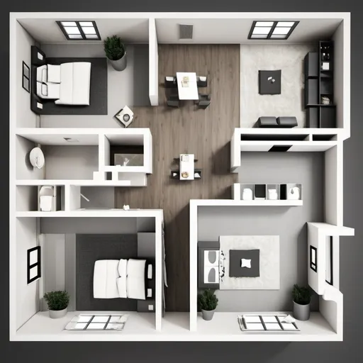 Prompt: I am an interior designer. Please help me create a floor plan for a modern apartment with three bedrooms and one living room, featuring a modern decor style.