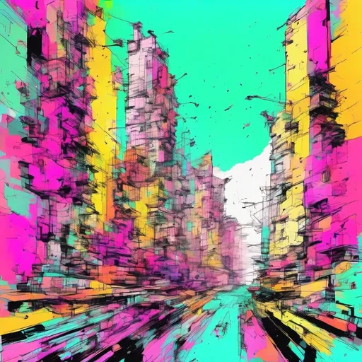 Prompt: vibrant ink punk style photo of a city with tall buildings