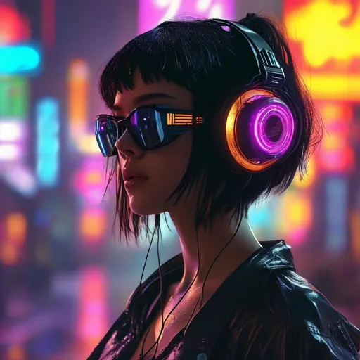 Prompt: make a cyberpunk girl listening to music