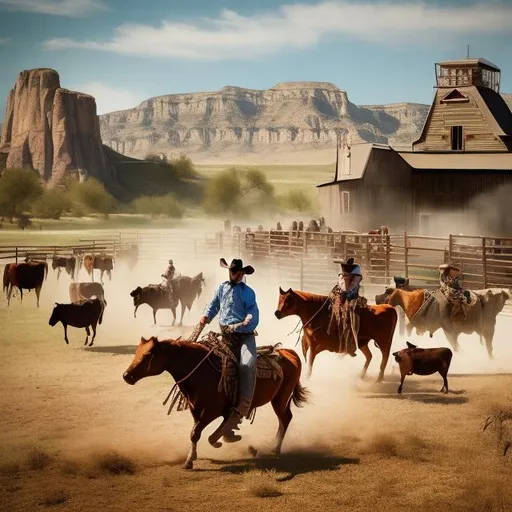 Prompt: Cowboy wrangling cows on a horse wild west

