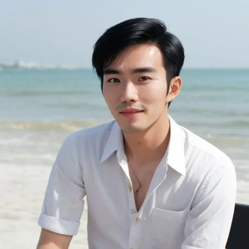 Prompt: Asian handsome man is tripping.he is a rich person.at the beach