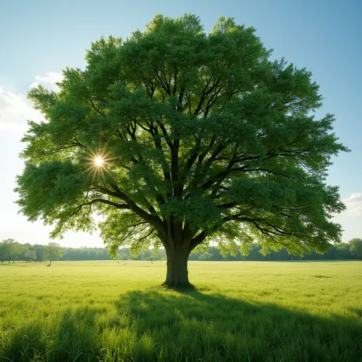 Prompt: lush, large old tree on a green meadow in early summer with sunbeams flittering through the green leaves
