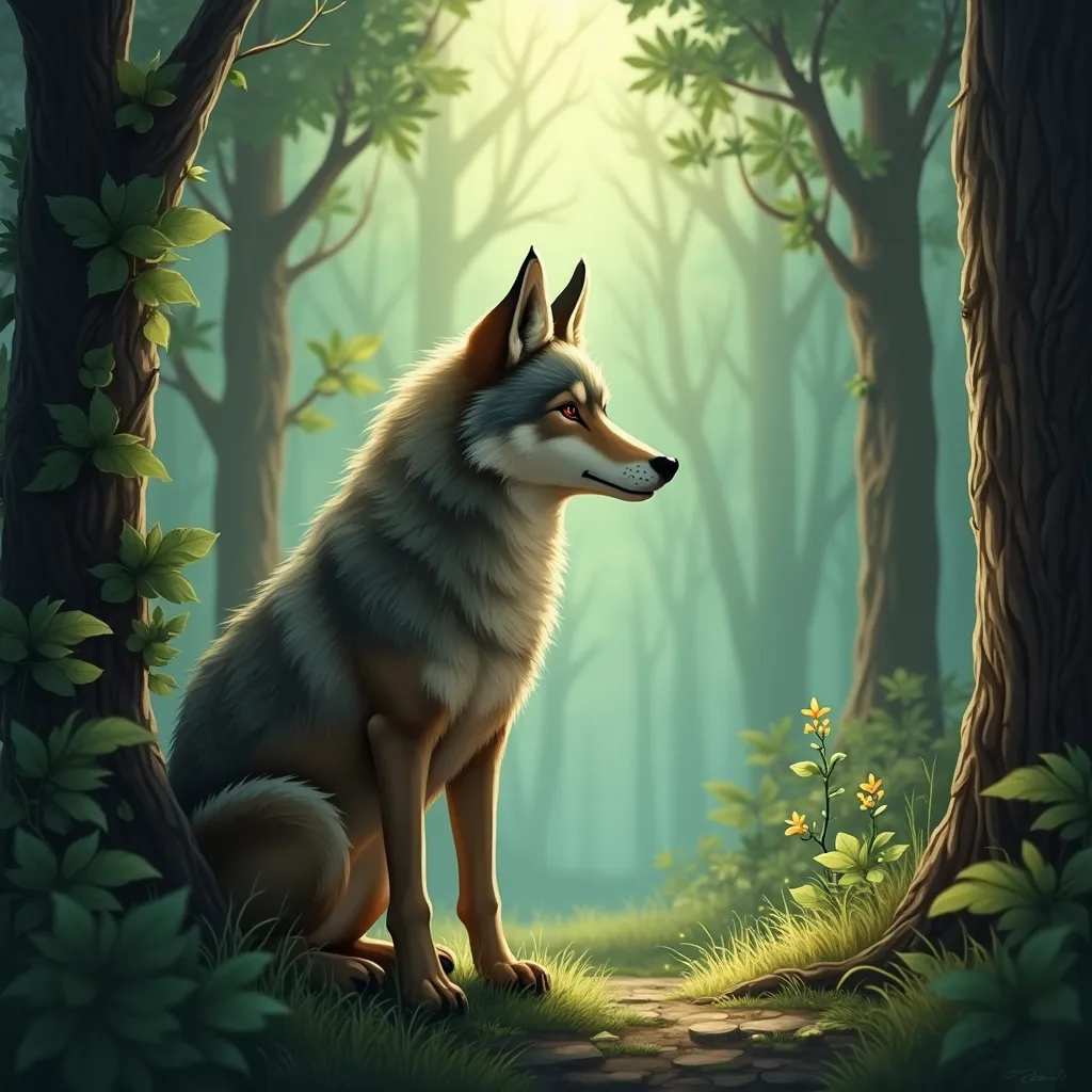 Prompt: In the Whispering Woods lived a little wolf named Willow.
He was shy, thoughtful and full of worries.
But he loved stories about heroes.  only a wolf little wolf