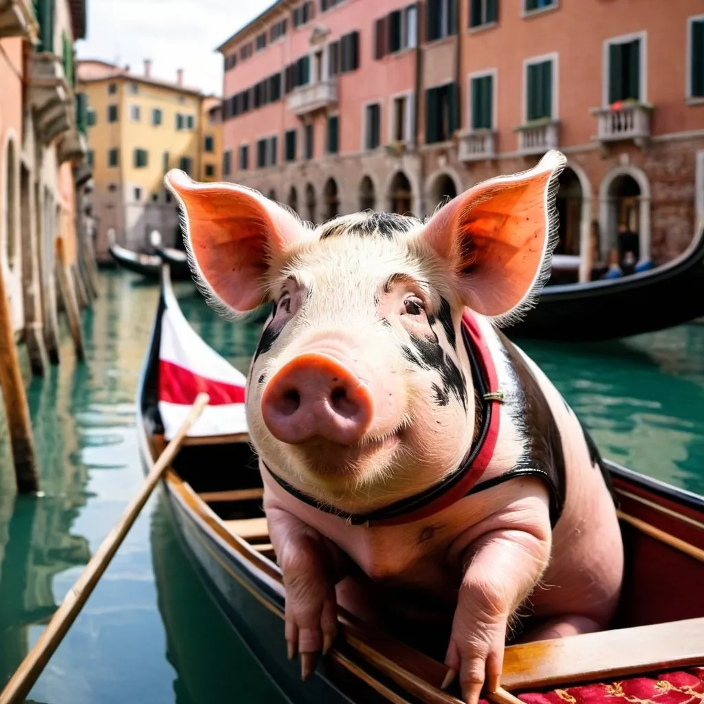 Prompt: A pig in Italy on a gondola looking elegant