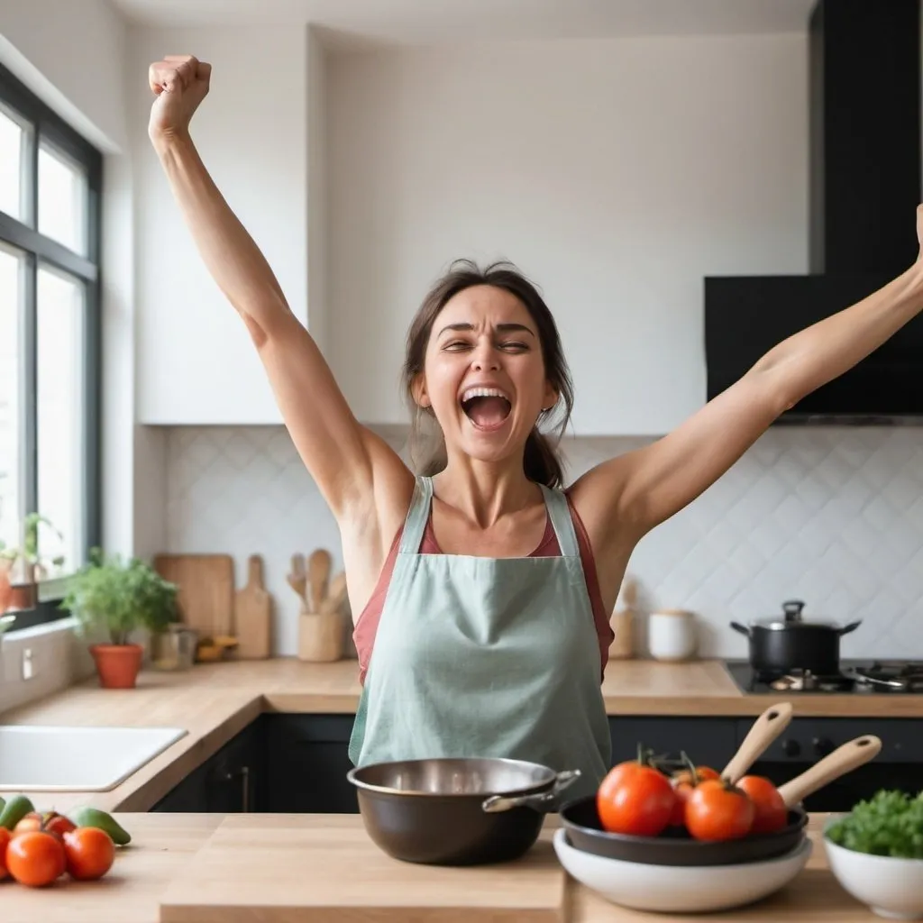 Prompt: create a scene of woman with full of energy, stretching her arms wide open while cooking