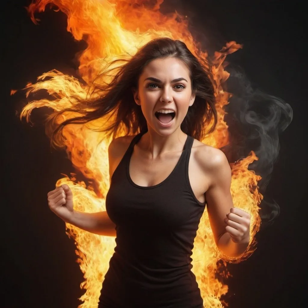 Prompt: create a scene of woman with full of energy and fire on her background