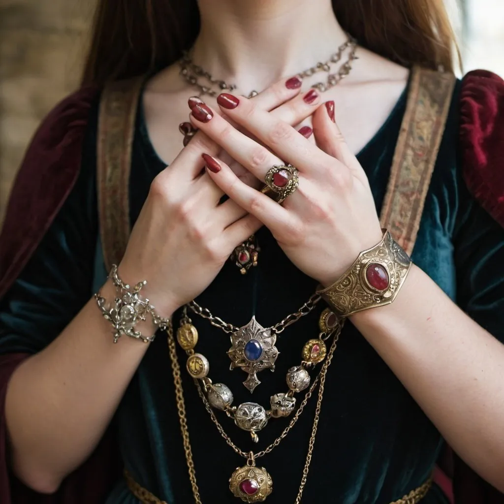 Prompt: Young woman’s hands wearing medieval jewellery 