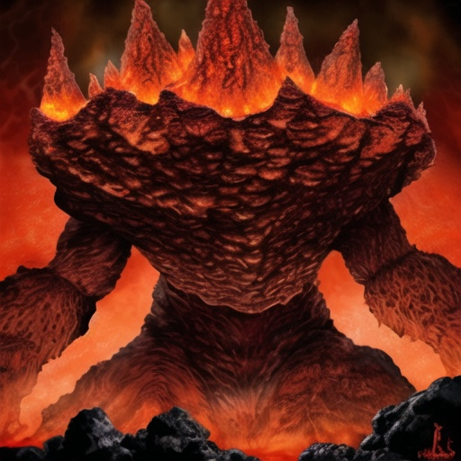 Prompt: Terrifying magma giant, volcanic rock texture, fiery lava veins, intense heat emanating, high quality, realistic, horror, red and orange tones, ominous lighting, towering presence, fiery rage, molten lava, smoldering hot, intense and intimidating, epic scale