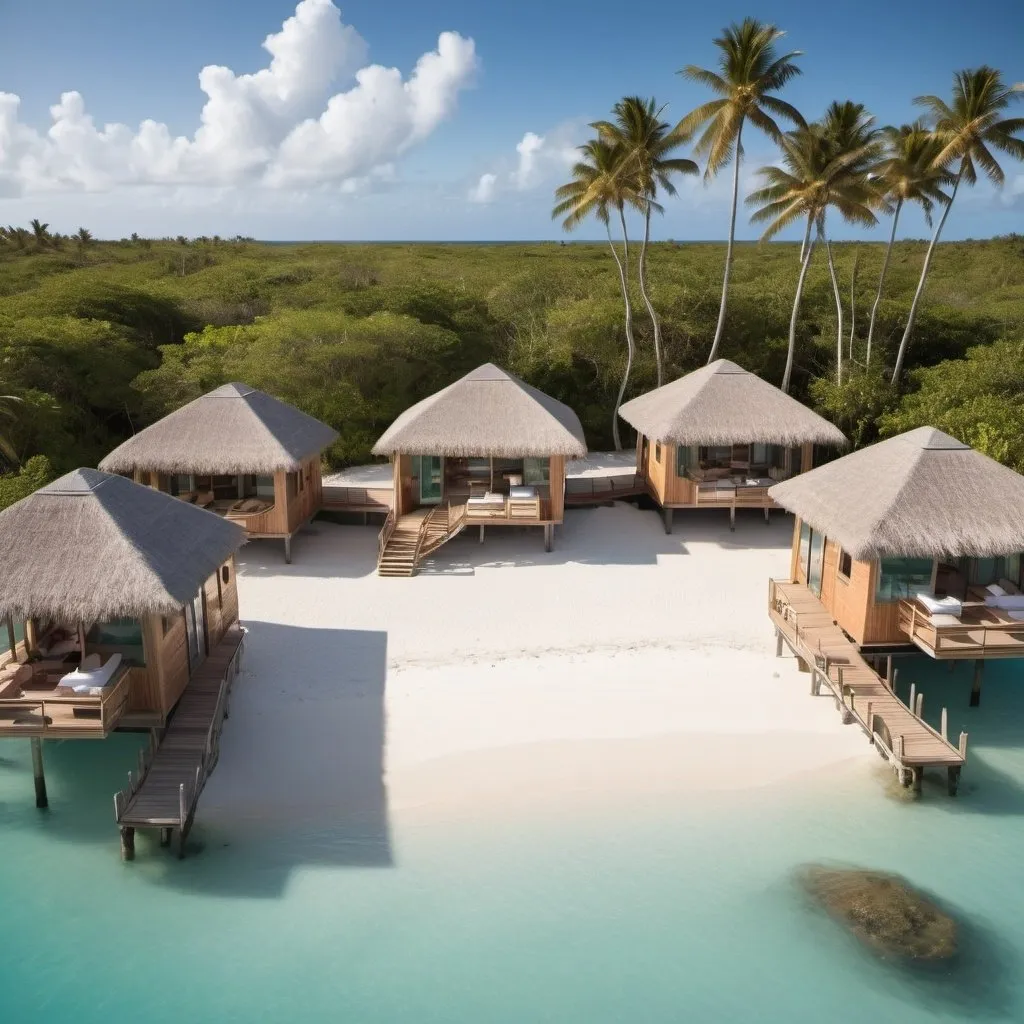 Prompt: Imagine a breathtaking eco-resort nestled on 10 acres of pristine beachfront property, inspired by the idyllic Low Bay in Barbuda . The centerpiece is a luxurious overwater bungalow village, with 5 modern glamping capsules  elegantly perched above the turquoise waters, offering guests a unique and immersive experience with nature.
The capsules boast floor-to-ceiling windows, allowing unobstructed views of the stunning ocean vistas. Inside, they feature plush bedding, high-end amenities, and a seamless blend of contemporary design and natural elements. Each capsule has a private deck with lounge chairs and direct water access for swimming and snorkeling.
On the shoreline, three charming kiosks  welcome guests with an open-air design inspired by traditional island architecture. One kiosk serves as the resort's restaurant, offering fresh, locally-sourced cuisine with indoor and outdoor seating areas. Another houses the reception and concierge services, while the third is a boutique shop selling locally-made crafts and beach essentials.
Lush tropical landscaping surrounds the resort, with winding pathways leading to secluded beach coves, a yoga pavilion, and a spa nestled among swaying palms. Sustainable practices are woven throughout, from solar power to water conservation and locally-sourced building materials.