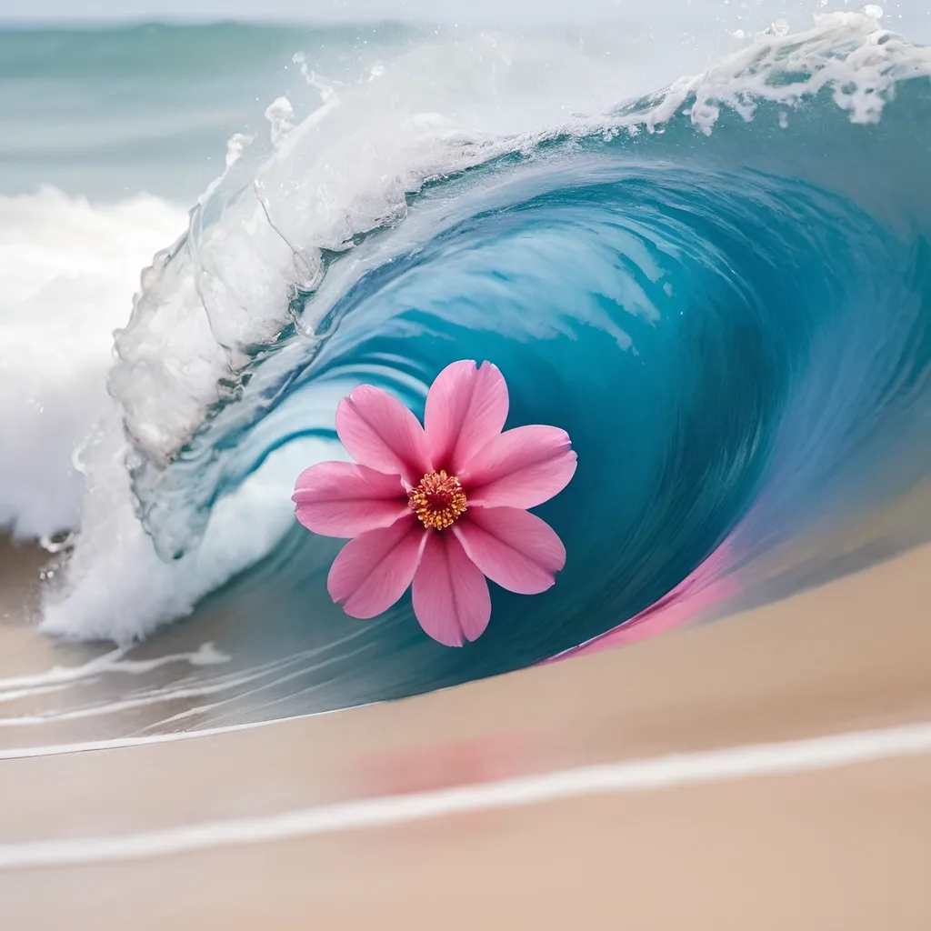 Prompt: a blue wave with a pink flower in the center of the wave