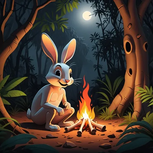Prompt: generate the cartoonic photo of rabit togather and sitting in under the tree and the bone fire in jungle night in foghi weather.fire light showing in jungle 