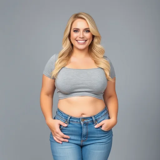 Prompt: beautiful blonde woman wearing a crop top and blue jeans. She is plus-sized and standing confidently with a radiant smile in front of a simple background