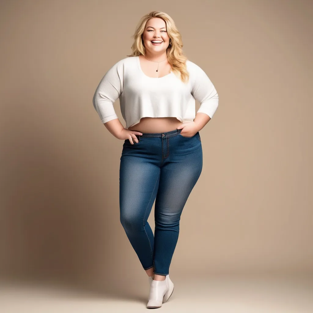 Prompt: beautiful blonde woman wearing a crop top and blue jeans. She is plus-sized and standing confidently with a radiant smile in front of a simple background