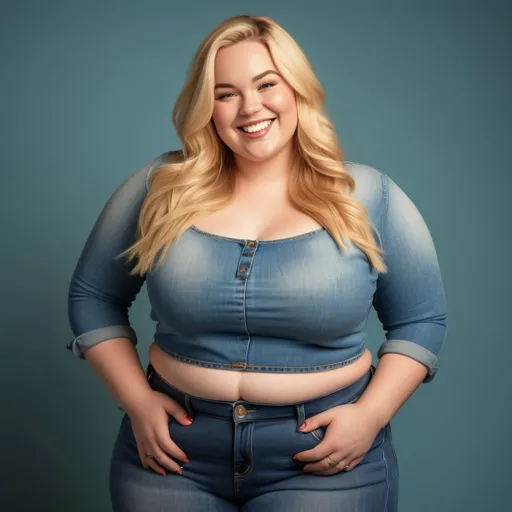 Prompt: beautiful blonde woman wearing a crop top and blue jeans. She is plus-sized and standing confidently with a radiant smile in front of a simple background