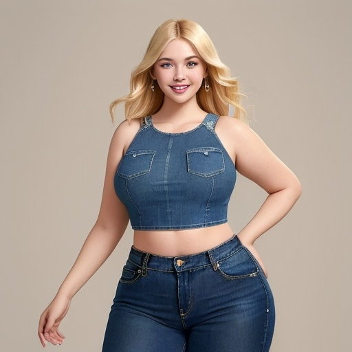 Prompt: beautiful blonde woman wearing a crop top and blue jeans. She is plus-sized and standing confidently with a radiant smile in front of a simple background