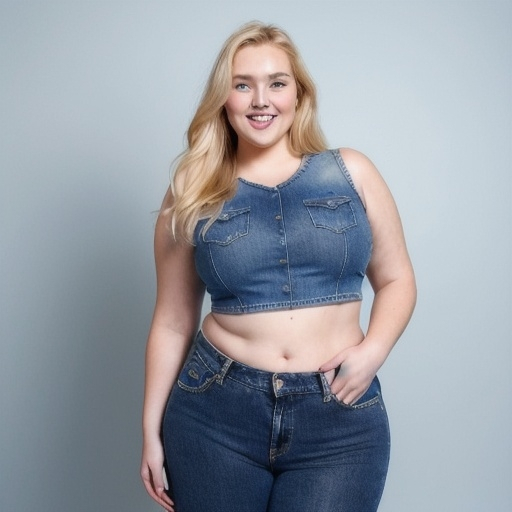 Prompt: beautiful blonde woman wearing a crop top and blue jeans. She is plus-sized and standing confidently with a radiant smile in front of a simple background