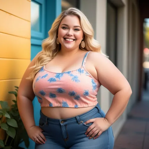 Prompt: beautiful blonde woman wearing a crop top and blue jeans. She is plus-sized and standing confidently with a radiant smile in front of a simple background