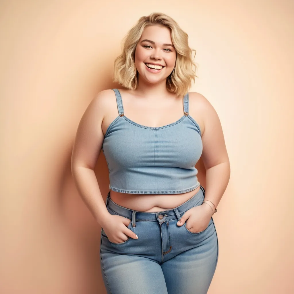 Prompt: beautiful blonde woman wearing a crop top and blue jeans. She is plus-sized and standing confidently with a radiant smile in front of a simple background