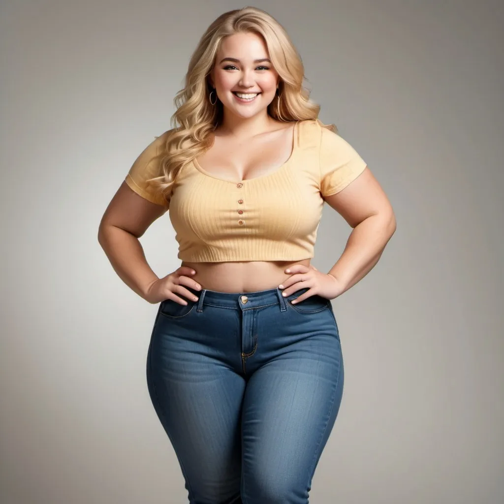 Prompt: beautiful blonde woman wearing a crop top and blue jeans. She is plus-sized and standing confidently with a radiant smile in front of a simple background