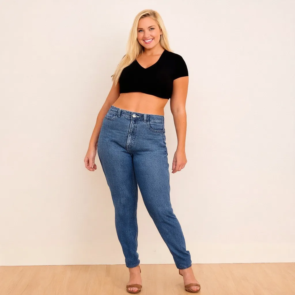 Prompt: beautiful blonde woman wearing a crop top and blue jeans. She is plus-sized and standing confidently with a radiant smile in front of a simple background