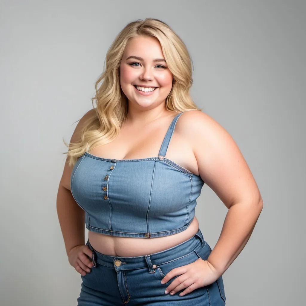 Prompt: beautiful blonde woman wearing a crop top and blue jeans. She is plus-sized and standing confidently with a radiant smile in front of a simple background