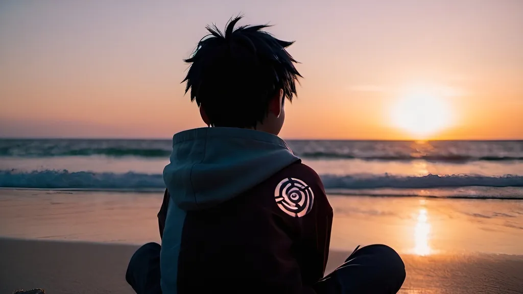 Prompt: A boy who looks like Naruto, sitting on a beach, during a sunset, experiencing loneliness, has a fake smile, has tears on his eyes. Looking towards the horizon. Camera is behind the boy, who is looking towards the horizon.