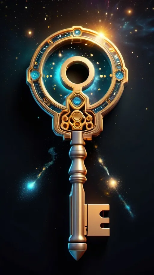 Prompt: A 3D futuristic glowing key with intricate carvings, emitting golden and silver light, surrounded by a cosmic void with vibrant galaxies and glowing orbs. Ultra-realistic, hyper-detailed, cinematic lighting.