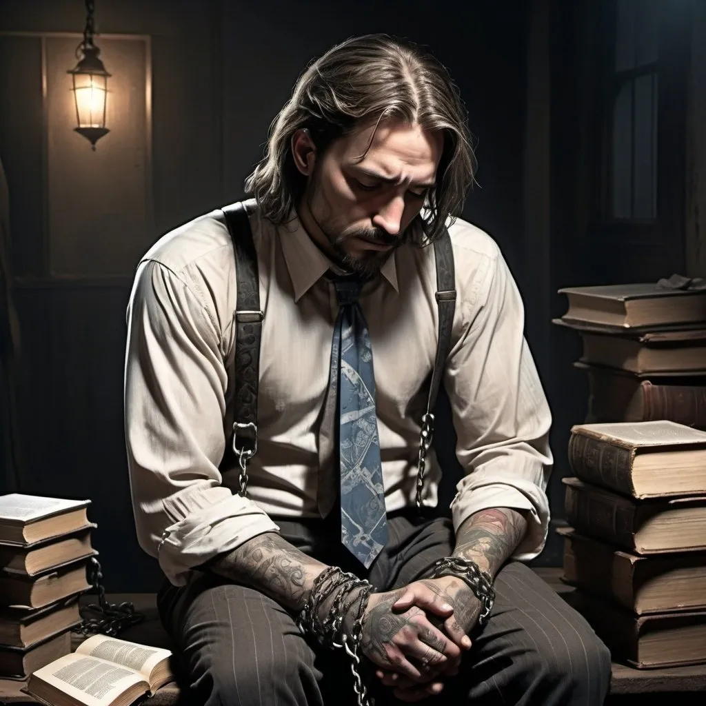 Prompt: Comic book art style, man chained to bible and fairytale books, sad and distraught expression, dirty dress shirt and tie, chains on wrists and ankles, tattoo of Jesus on arm, dusty and worn-out atmosphere, high quality, comic book art style, dark and muted colors, dramatic lighting