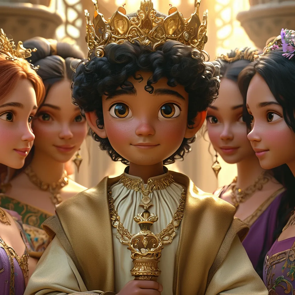 Prompt: "Close-up shot of King Solomon in Disney style, with fair complexion, soft features, and large, expressive eyes. He wears a regal robe, a golden crown adorned with jewels, and holds a scepter, radiating wisdom and warmth. Surrounding him are a diverse group of women, each depicted in elegant Disney-style animation, wearing colorful, flowing gowns adorned with jewels and intricate patterns. The women look at Solomon with admiration, some holding delicate gifts. The soft golden light bathes the scene, and glimpses of an ornate palace with sparkling details and rich decor appear in the background