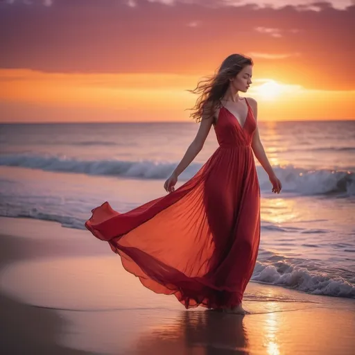 Prompt: girl in a red dress enjoying the sunset on a beach