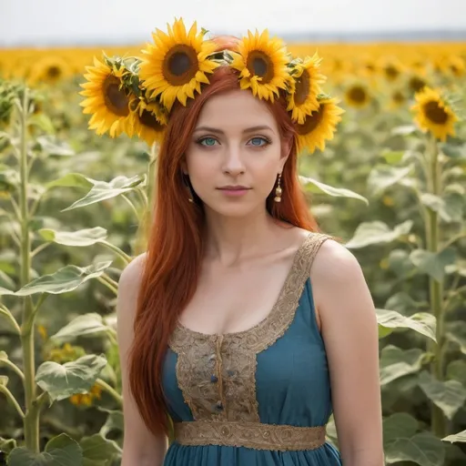 Prompt: Indian woman full portrait fair skinned,sunflower field background,wearing dress,red hair,blue eyes,elvish ears