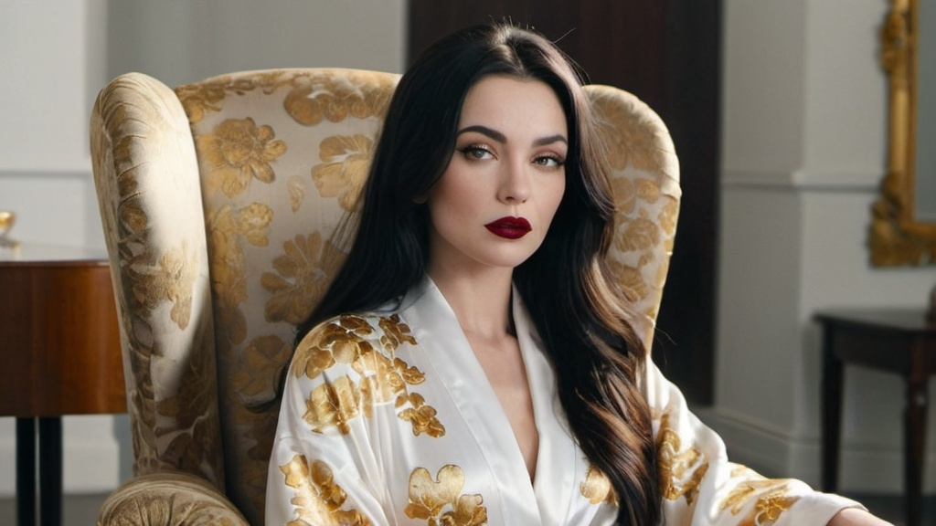 Prompt: A beautiful woman walks into the bright room. She is wearing a long white silk robe covered with a golden floral pattern. Her dark hair and red lipstick highlight her stunning features. She sits in an armchair, stares into the camera and speaks