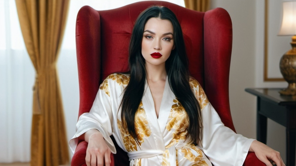 Prompt: A beautiful woman walks into the bright room. She is wearing a long white silk robe covered with a golden floral pattern. Her dark hair and red lipstick highlight her stunning features. She sits in an armchair, stares into the camera and speaks