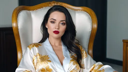 Prompt: A beautiful woman walks into the bright room. She is wearing a long white silk robe covered with a golden floral pattern. Her dark hair and red lipstick highlight her stunning features. She sits in an armchair, stares into the camera and speaks