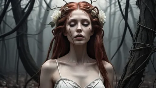 Prompt: Medusa +Dryad, emaciated with white skin clinging tightly to rib cage,the red hair is covered with vines, body dress in vines and white flowers, standing in a dying forest in the full moon 