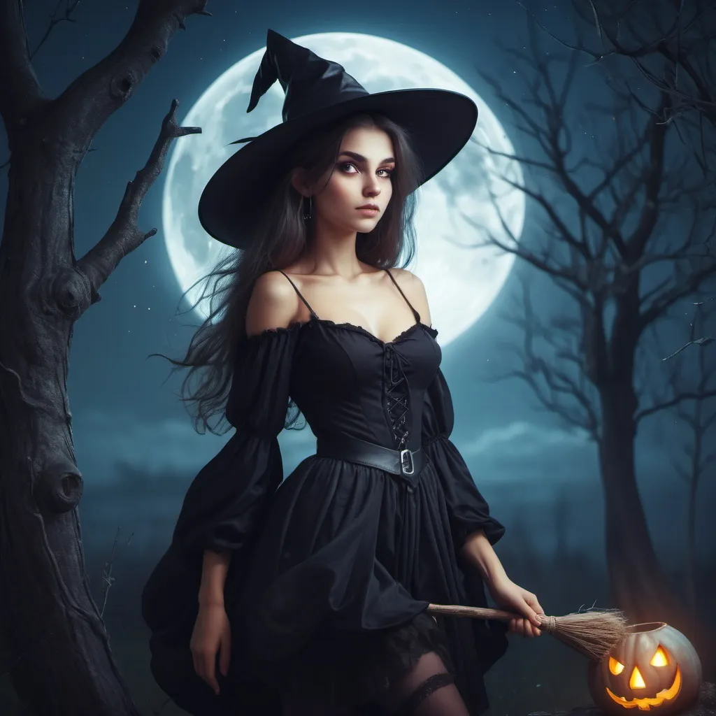 Prompt: a young beautiful witch in the moonlight