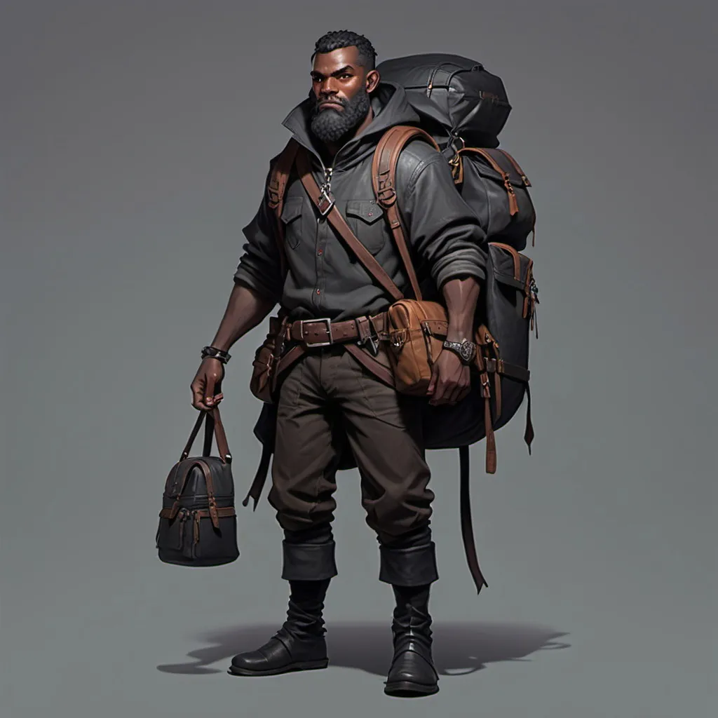 Prompt: a dnd halfing that is 2.8 feet tall with skin as black as coal and expensive looking clothes wearing a big backpack