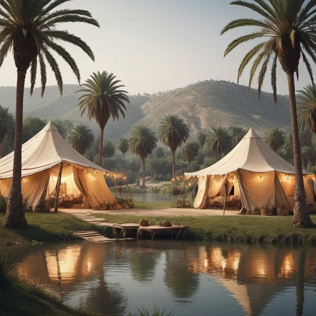 Prompt: I want realistic feeling scene with country side view having date palmtrees and old eras tents and river 