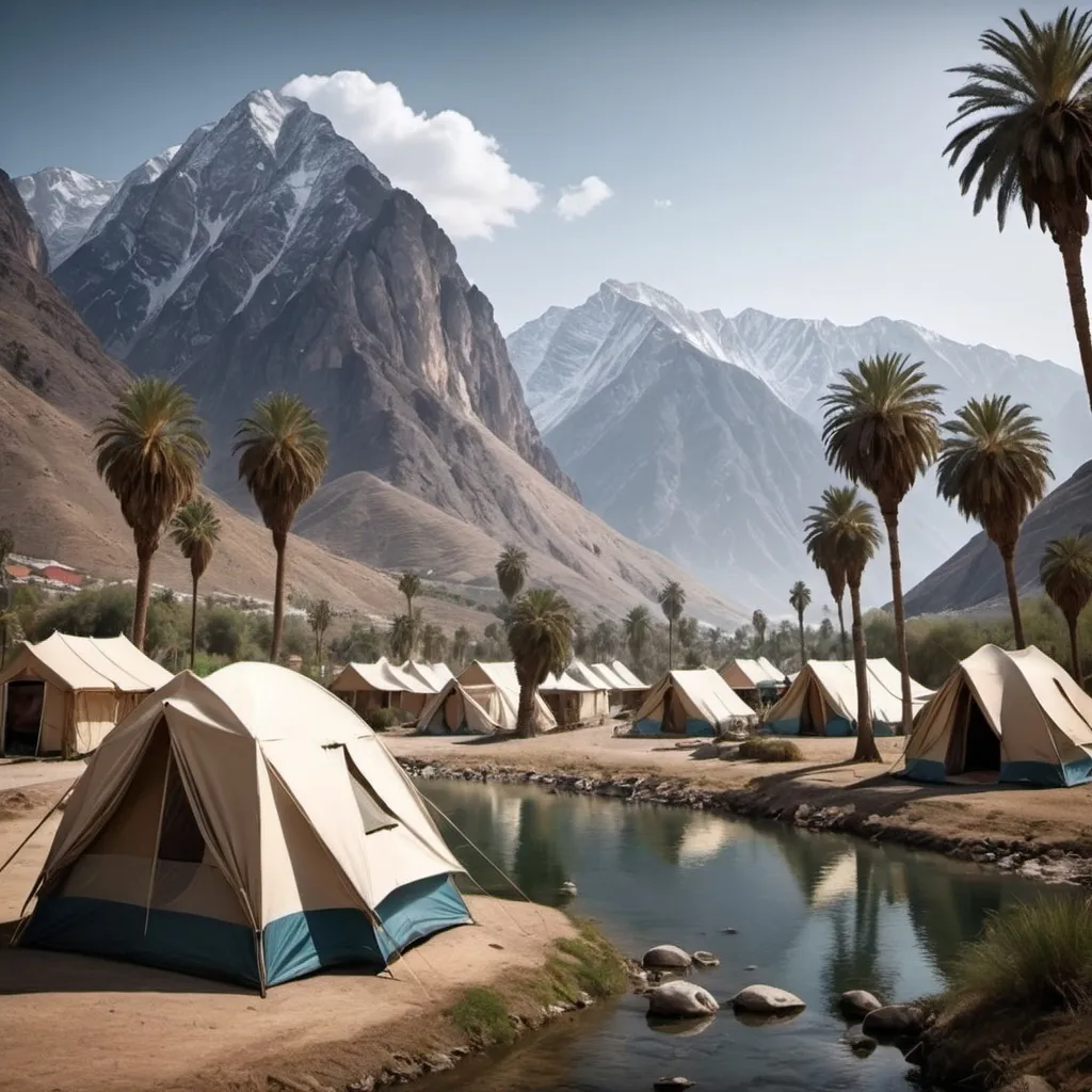 Prompt: I want realistic photo of mountains and date palmtrees and river and tents