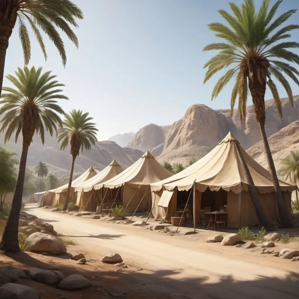 Prompt: I want realistic feeling scene with country side view having date palmtrees and old era tents and river and sandy rocky road at day with sunlight and shaddows 