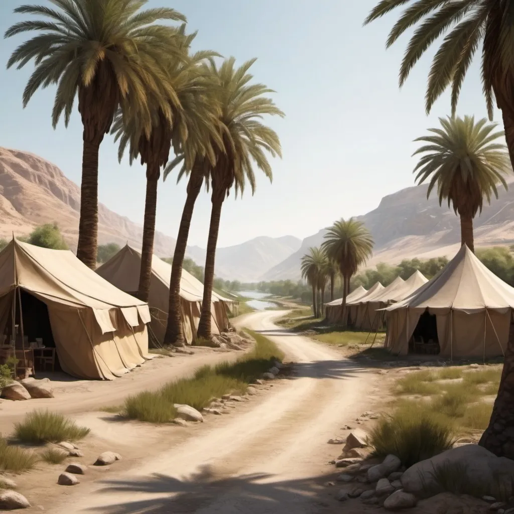 Prompt: I want realistic feeling scene with country side view having date palmtrees and old era tents and river and sandy rocky road at day with sunlight and shaddows 