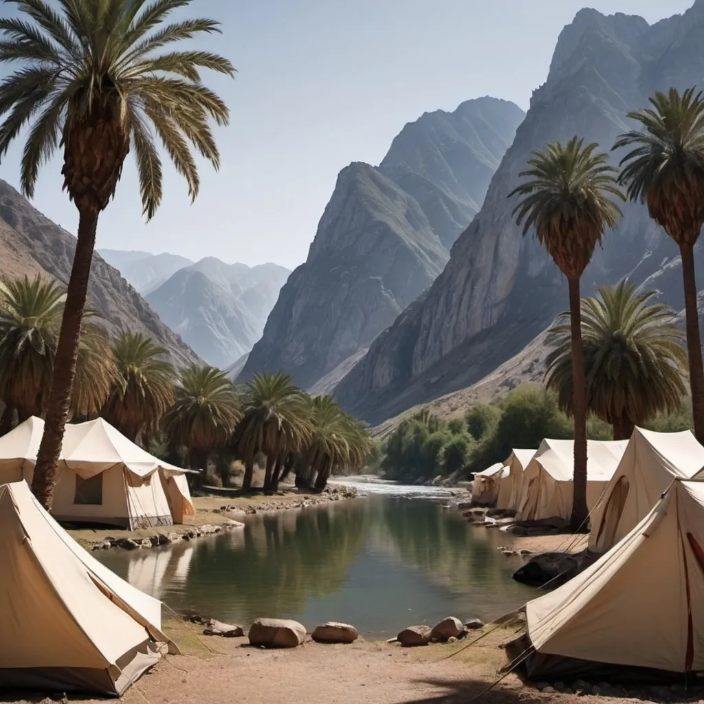 Prompt: I want realistic photo of mountains and date palmtrees and river and tents