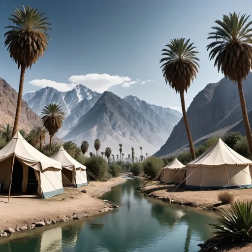 Prompt: I want realistic photo of mountains and date palmtrees and river and tents